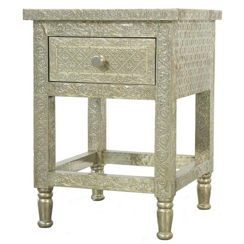 White Metal Embossed Bedside Table Iris Furnishing White Metal Embossed Bedside Table 2